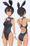  1girl animal_ears ass bangs black_eyes black_hair blush bow breasts closed_mouth commentary competition_swimsuit covered_navel dark_skin detached_collar fake_animal_ears goggles goggles_removed highleg highleg_swimsuit kuronami_(lvi) looking_at_viewer lvi medium_breasts multiple_views nervous one-piece_swimsuit one-piece_tan original rabbit_ears short_hair standing sweatdrop swimsuit tan tanlines wet wrist_cuffs 