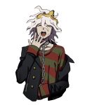  1boy artist_name banana_peel bangs black_jacket blush chain closed_eyes collar cropped_torso danganronpa_(series) danganronpa_another_episode:_ultra_despair_girls derivative_work facing_viewer food food_on_head green_sweater grey_hair jacket komaeda_nagito male_focus metal_collar mittens object_on_head off_shoulder open_clothes open_jacket red_sweater rengy_(rerengy) saliva servant_(danganronpa) simple_background striped striped_sweater sweater teeth upper_teeth white_background yawning 