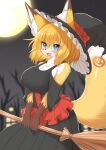  2022 anthro big_breasts blonde_hair blue_eyes blush breasts broom brown_body brown_fur canid canine cleaning_tool clothed clothing cute_fangs digital_media_(artwork) dipstick_ears dipstick_tail female female_anthro fox fox_next_door_(horokusa) fur hair halloween halloween_costume hi_res holding_object holidays horokusa0519 inner_ear_fluff kemono looking_at_viewer mammal markings multicolored_body multicolored_ears multicolored_fur short_hair solo tail_markings tuft white_body white_fur witch_costume yellow_body yellow_fur 