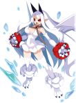  1girl bat_wings black_sclera claws colored_sclera disgaea_rpg dress full_body horns long_hair nippon_ichi phantom_kingdom pointy_ears pram_(phantom_kingdom) red_eyes slit_pupils solo white_dress white_hair wings 