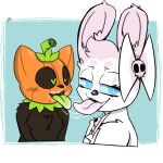  &lt;3 &lt;3_eyes anthro black_body black_fur blue_eyes blush bodily_fluids bow_tie collar domestic_cat duo ears_up eeveelution eyelashes felid feline felis feral flushed food french_kissing fruit fur generation_6_pokemon glu_(artist) glu_(character) green_collar green_eyes green_tongue hi_res hybrid kiss_on_lips kissing lagomorph leporid long_eyelashes long_tongue looking_at_viewer male male/male mammal nintendo pink_body pink_fur pink_tongue plant pokemon pokemon_(species) pumkat pumpkin pumpkin_head rabbit saliva saliva_on_face saliva_on_tongue saliva_string sylveon tongue tongue_out video_games white_body white_fur 