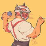  1boy 2022 algernon_(housamo) armband bara board_eraser chalk cleaning collared_shirt colored_sclera commentary dk_(den_ai_d) from_behind helmet highres holding holding_chalk looking_at_viewer looking_back male_focus muscular muscular_male orange_background pants red_armband red_eyes shirt signature solo suspenders tokyo_afterschool_summoners upper_body wan_sheng_jie_(style) white_shirt yellow_sclera 