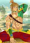  abs absurd_res blue_eyes breath_of_the_wild clothed clothing hair hi_res humanoid humanoid_pointy_ears hylian link male muscular muscular_humanoid muscular_male nintendo not_furry oasis palm_tree pecs plant red_clothing solo suyohara the_legend_of_zelda tree video_games 