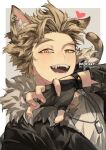  1boy animal_ear_fluff animal_ears artist_name bangs black_gloves black_hair blonde_hair boku_no_hero_academia cat_boy cat_ears cat_tail claw_pose commentary dog_tags ear_piercing fangs fingerless_gloves fingernails fur-trimmed_jacket fur_trim gloves hawks_(boku_no_hero_academia) heart jacket kadeart long_sleeves looking_at_viewer lower_teeth multicolored_hair open_mouth outside_border piercing sharp_teeth slit_pupils streaked_hair symbol-only_commentary tail teeth thick_eyebrows tongue uneven_eyes upper_body upper_teeth yellow_eyes 