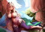  1girl barbariank bare_shoulders barefoot blonde_hair braid breasts bush commentary curtains detached_collar detached_sleeves english_commentary fairy_wings flower gem grass hair_flower hair_ornament half-closed_eyes highres large_breasts light_smile lips long_hair looking_at_viewer monster_girl_encyclopedia navel pillow plant pointy_ears purple_eyes redrawn sitting solo sparkle titania_(monster_girl_encyclopedia) very_long_hair vines wings yokozuwari 