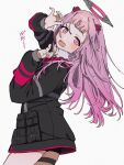  1girl black_jacket black_shorts blush claw_pose close_game/offline_(project_sekai) from_behind gao iwawa jacket long_hair mechanical_ears mechanical_halo ootori_emu open_mouth pink_eyes pink_hair pink_nails pouch project_sekai shorts simple_background solo thigh_strap upper_body very_long_hair white_background 