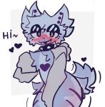  &lt;3 ambiguous_gender anthro blue_body blue_fur blush collar fur greeting half-closed_eyes looking_at_viewer narrowed_eyes simple_background solo spiked_collar spikes squawq tail_motion tailwag text white_background 