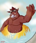  2022 absurd_res anthro belly gabu4play hi_res humanoid_hands male mammal navel outside overweight overweight_male password_(visual_novel) roswell_(password) solo suid suina sus_(pig) video_games visual_novel water wild_boar 