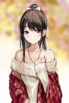  1girl bare_shoulders black_hair blurry blurry_background blush bow collarbone cosplay hair_bow idolmaster idolmaster_shiny_colors jewelry kazano_hiori looking_at_viewer mole mole_under_mouth nannacy7 necklace off-shoulder_sweater off_shoulder plaid_shawl ponytail red_shawl ribbed_sweater sagisawa_fumika sagisawa_fumika_(cosplay) shawl smile solo sweater 