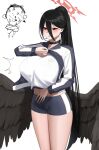  1girl black_choker black_hair black_wings blue_archive blue_jacket breasts choker commentary_request feathered_wings gym_shirt gym_shorts gym_uniform halo hasumi_(blue_archive) hasumi_(gym_uniform)_(blue_archive) highres huge_breasts jacket large_breasts large_wings low_wings mole mole_under_eye official_alternate_costume ponytail red_eyes senju_(snz0) shirt shorts simple_background sportswear standing track_jacket unzipped white_background white_shirt wings 