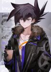  1boy alternate_costume aoki_(fumomo) background_text bangs black_eyes black_gloves black_hair black_jacket closed_mouth commentary cup disposable_cup fur-trimmed_jacket fur_trim gloves hair_between_eyes highres holding holding_cup jacket long_sleeves male_focus manjoume_jun open_clothes open_jacket shirt simple_background solo spiked_hair symbol-only_commentary upper_body yu-gi-oh! yu-gi-oh!_gx 