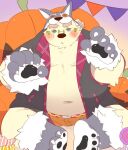  0119_muu anthro belly blush bottomwear clothing embarrassed fur gloves halloween handwear holidays leib_(tas) lifewonders male mammal navel overweight polar_bear shorts solo tokyo_afterschool_summoners ursid ursine video_games werewolf_costume white_body white_fur 