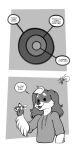 anthro canid canine canis cheek_tuft clothing dart dartboard dialogue dialogue_box domestic_dog dot_eyes english_text facial_tuft fangs floppy_ears freckles_(artist) greyscale hoodie humor male mammal monochrome open_mouth open_smile pecas_(freckles) smile solo text topwear tuft 