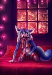  2019 anthro black_nose blue_body blue_ears blue_eyes blue_fur blush canid city closed_smile clothing collar dated eyelashes female front_view full-length_portrait fur glistening glistening_eyes glistening_nose hi_res kneeling leash lingerie mammal mostly_nude mouth_closed mylafox outside pink_collar pink_leash portrait signature solo text url vaginal white_body white_breasts white_fur 