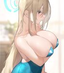  1girl arm_under_breasts asuna_(blue_archive) asuna_(bunny)_(blue_archive) bangs bare_shoulders blonde_hair blue_archive blue_eyes blue_leotard blurry blurry_background blush breasts cleavage closed_mouth collarbone depth_of_field from_side hair_between_eyes hair_over_one_eye large_breasts leotard light_brown_hair long_hair mole mole_on_breast mole_under_eye momera official_alternate_costume playboy_bunny solo strapless strapless_leotard sweat very_long_hair 
