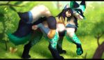  2022 anthro black_bars bloominglynx bottomwear canid canine canis clothing digital_media_(artwork) female feral fox grass larger_male looking_back male mammal pawpads plant scenery shrub size_difference smaller_female smile topwear tree underpaw widescreen wolf 
