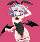  1girl animal_ears areola_slip ascot bat_wings black_leotard black_wings breasts closed_mouth cowboy_shot detached_collar frilled_thighhighs frills groin highres leotard looking_at_viewer playboy_bunny rabbit_ears red_ascot red_background red_eyes remilia_scarlet short_hair simple_background small_breasts solo standing tasuki_seiichi thighhighs touhou white_hair white_thighhighs wings wrist_cuffs 