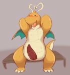  2016 anthro blush bodily_fluids dragonite erection generation_1_pokemon genitals hi_res kemono male nakadashimashta nintendo penis pokemon pokemon_(species) sitting slightly_chubby solo sweat video_games 