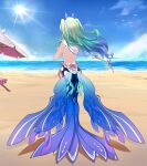  absurdres beach bikini blue_bikini breasts green_hair hamilundenongdizhe highres loose_bikini mermaid mobius_(honkai_impact) monster_girl non-web_source ocean sand small_breasts sunlight swimsuit 