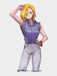  1girl android_18 arm_up armpits blonde_hair bracelet closed_mouth dragon_ball dragon_ball_z grey_background grey_pants hair_between_eyes hand_on_hip jewelry kemachiku looking_to_the_side pants short_hair simple_background sleeveless solo 