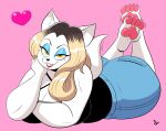  &lt;3 2022 4_toes anthro blue_eyeshadow butt canid canine canis chubby_female eyeshadow feet female fur highlights_(coloring) lipstick lying makeup mammal on_front pawpads pink_pawpads shelfi smoggie solo the_pose toes white_body white_fur wolf 