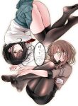  2girls @_@ ass bangs black_skirt blue_skirt breasts brown_hair brown_pantyhose brown_shirt brown_thighhighs closed_mouth collared_shirt commentary_request crying crying_with_eyes_open feet fetal_position fine_fabric_emphasis from_above green_eyes hands_up highres hugging_own_legs jk-chan_(oouso) knees_up legs long_hair long_sleeves looking_at_viewer lying medium_breasts messy_hair multiple_girls necktie office_lady ol-chan_(oouso) on_side oouso open_mouth original panties pantyhose pantyshot pencil_skirt pink_panties pleated_skirt red_necktie school_uniform shiny shiny_hair shirt siblings simple_background sisters skirt soles speech_bubble sweatdrop swept_bangs tears thighhighs thighs toes translation_request underwear white_background white_shirt 