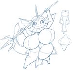  2022 3_fingers 3_toes :3 anthro big_breasts blush bottomwear breasts clothing eeveelution feet female fingers frill_(anatomy) generation_1_pokemon hi_res holding_object holding_weapon huge_breasts inner_boob legwear loincloth looking_at_viewer melee_weapon monochrome nintendo nipple_outline obikuragetyan pokemon pokemon_(species) polearm raised_arms simple_background sketch solo thigh_highs toes topwear trident vaporeon video_games weapon white_background 