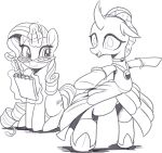  arthropod biped changeling clothing cutie_mark dancing dress duo equid equine eyelashes eyewear feral friendship_is_magic glasses gloves greyscale handwear hasbro horn magic mammal monochrome my_little_pony nauyaco notebook ocellus_(mlp) open_mouth open_smile rarity_(mlp) simple_background sitting smile standing unicorn white_background 