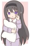  1girl akemi_homura black_hair black_hairband blush hairband holding holding_pillow long_hair long_sleeves looking_at_viewer mahou_shoujo_madoka_magica pajamas parted_lips pillow purple_eyes purple_pajamas rubbing_eyes solo yuno385 