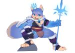  absurd_res anthro big_tail blue_body blue_eyes blue_fur bulge canid canine canis clothed clothing crown cydonia_xia domestic_dog fur hi_res holding_object holding_weapon male mammal muscular muscular_anthro muscular_male paws solo spread_legs spreading staff weapon 