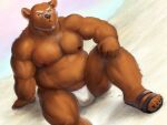  2022 anthro asian_clothing black_nose brown_body brown_fur bulge clothing east_asian_clothing footwear fundoshi fur humanoid_hands japanese_clothing kemono male mammal meguru_salmon moobs musclegut nipples outside overweight overweight_male sandals sitting solo underwear ursid white_clothing white_fundoshi white_underwear 