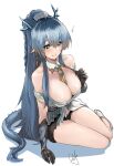  1girl arknights bangs bare_shoulders between_breasts black_gloves blue_eyes blue_hair blush breasts cleavage cyk_(cyk451) dragon_horns dragon_tail gloves hair_between_eyes highres horns ling_(arknights) long_hair pointy_ears ponytail sitting smile solo sweatdrop tail very_long_hair 