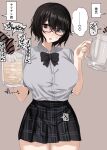  1girl absurdres bar_censor bdsm beer_mug black_eyes black_hair breasts censored collared_shirt cowboy_shot cum cum_in_container cum_in_cup cup dark_penis dress_shirt drinking_glass ejaculation enari_(kanbaratouyo) glasses grey_background highres jimiko large_breasts large_penis looking_at_penis medium_hair miniskirt mug open_mouth original penis penis_size_difference plaid plaid_skirt sadism school_uniform shirt simple_background skirt small_penis_humiliation solo_focus standing sweatdrop thought_bubble translation_request white_shirt 