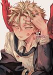  1boy artist_name bangs black_jacket black_necktie blonde_hair blush boku_no_hero_academia buttons closed_mouth commentary earrings feathered_wings hand_in_own_hair hawks_(boku_no_hero_academia) jacket jewelry kadeart lipstick_mark_on_face lipstick_mark_on_neck long_sleeves looking_at_viewer multiple_rings necktie parted_bangs red_wings ring shirt simple_background solo stud_earrings sweatdrop symbol-only_commentary thick_eyebrows watch white_background white_shirt wings wristwatch yellow_eyes 