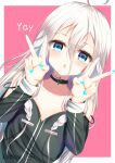  1girl :o ahoge aties20 bangs bare_shoulders black_choker black_shirt blue_eyes blue_nails blush braid choker collarbone commentary_request double_v dutch_angle hair_between_eyes hair_ornament hairclip hands_up ia_(vocaloid) long_hair long_sleeves looking_at_viewer nail_polish parted_lips pink_background shirt solo twin_braids two-tone_background upper_body v very_long_hair vocaloid white_background white_hair 