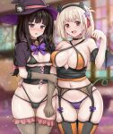  2girls :d animal_ears ass_visible_through_thighs black_choker black_hair black_hairband blonde_hair blurry blurry_background blush bob_cut braid breasts choker commentary_request corset demon_girl demon_horns ears_through_headwear elbow_gloves fake_wings furrowed_brow garter_belt gloves groin hair_ornament hair_ribbon hairband halloween halloween_costume hand_on_another&#039;s_hip hat holding_own_arm horns indoors inoue_takina large_breasts lingerie long_hair looking_at_viewer lycoris_recoil multiple_girls navel nishikigi_chisato nose_blush one_side_up open_mouth parted_lips paw_pose pumpkin purple_eyes r-binon red_eyes ribbon short_hair small_breasts smile star_(symbol) star_hair_ornament stomach sweatdrop thigh_gap thighhighs thighs underwear wings witch_hat 