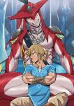  anthro blue_clothing blue_eyes blush blush_lines breath_of_the_wild clothed clothing countershade_arms countershading crossed_arms duo hair hi_res humanoid humanoid_pointy_ears hylian link looking_at_viewer male marine nintendo nipples prince_sidon red_body sharp_teeth smile smiling_at_viewer suyohara teeth the_legend_of_zelda video_games zora 
