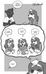  3_panel_comic anthro canid canine canis cheek_tuft clothing dialogue dialogue_box domestic_dog dot_eyes duo english_text eyes_closed facial_tuft fangs felid floppy_ears freckles_(artist) greyscale half-closed_eyes hi_res hoodie humor male mammal monochrome narrowed_eyes pantherine pecas_(freckles) text thought_bubble topwear tuft wide_eyed 