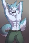  2022 abs anthro arms_above_head belt bottomwear brand_new_animal canid canine canis clothed clothing collar digital_media_(artwork) gradient_background hand_behind_head hi_res inner_ear_fluff kironzen looking_at_viewer male mammal nipples one_eye_closed pants shirou_ogami simple_background smile solo studio_trigger topless topless_anthro topless_male tuft wink wolf 