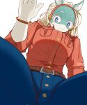  2022 accessory anthro belt big_breasts bismuthntg blonde_hair blue_eyes bottomwear bracelet breasts clothed clothing digital_media_(artwork) dress_shirt female hair hair_accessory hairband hi_res ippan_josei jewelry multicolored_body my_hero_academia pants red_dress_shirt shirt simple_background solo topwear two_tone_body unknown_species white_background 