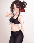  1girl alternate_costume arm_behind_back arm_up bangs black_hair black_pants black_sports_bra blush breasts cetta_(cettadvd) cleavage closed_mouth collarbone hair_ribbon highres holding holding_towel kaguya-sama_wa_kokurasetai_~tensai-tachi_no_renai_zunousen~ looking_at_viewer medium_breasts midriff navel pants parted_bangs ponytail raised_eyebrows red_eyes red_ribbon ribbon shinomiya_kaguya sidelocks simple_background solo sports_bra sportswear stomach towel yoga_pants 