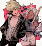  1boy 1girl animal_ears artist_name bakugou_katsuki bangs black_jacket boku_no_hero_academia breasts commentary dark-skinned_female dark_skin elbow_on_another&#039;s_shoulder eyepatch hands_in_pockets jacket kadeart large_breasts long_hair long_sleeves looking_at_viewer mirko open_mouth rabbit_ears rabbit_girl red_eyes scar scar_on_face shirt shorts sidelocks symbol-only_commentary tan white_hair white_jacket white_shirt white_shorts 