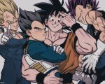  2boys armor black_hair blue_bodysuit bodysuit boots chest_armor closed_mouth dougi dragon_ball dragon_ball_super evil_smile facial_mark fecaa forehead_mark gloves large_pectorals majin_vegeta male_focus multiple_boys muscular muscular_male no_eyebrows pectorals pink_eyes purple_hair saiyan_armor short_hair smile son_goku spiked_hair super_saiyan super_saiyan_2 teeth torn_bodysuit torn_clothes ultra_ego_(dragon_ball) vegeta white_gloves wristband 