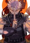  1boy aura belt chipp_zanuff covered_mouth earrings floating_hair glaring guilty_gear guilty_gear_strive hand_gesture hungry_clicker jewelry looking_at_viewer male_focus muscular muscular_male ninja red_eyes serious shaded_face short_hair solo sun white_background white_hair 