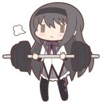  1girl :&lt; akemi_homura argyle argyle_legwear barbell black_hair black_hairband black_pantyhose chibi closed_mouth exercise hairband holding long_hair long_sleeves looking_at_viewer lowres mahou_shoujo_madoka_magica pantyhose solo weightlifting yuno385 |_| 