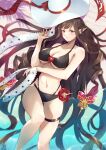  1girl :o bikini black_bikini black_hair breasts brown_eyes butterfly_hair_ornament commentary_request fate/grand_order fate_(series) hair_ornament hat hat_removed headwear_removed highres long_hair nakaga_eri navel pointy_ears semiramis_(fate) solo spikes stomach sun_hat swimsuit thigh_strap thighs very_long_hair water white_headwear 