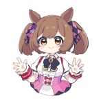  1girl animal_ears black_bow blush bow breasts brown_eyes brown_hair center_frills closed_mouth collared_shirt commentary_request frills hair_bow hands_up highres horse_ears medium_breasts nozo_(hitomiz) pink_bow pink_skirt pleated_skirt puffy_short_sleeves puffy_sleeves purple_bow shirt short_sleeves simple_background skirt smart_falcon_(umamusume) smile solo suspender_skirt suspenders twintails umamusume white_background white_shirt wrist_cuffs 