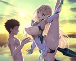  1boy 1girl blonde_hair breasts consome2021 gem hair_ornament headpiece height_difference hetero highres houriigurei jewelry leg_grab legs_up mythra_(xenoblade) nintendo nipples open_mouth rex_(xenoblade) standing standing_on_one_leg swimsuit tiara topless xenoblade_chronicles_(series) xenoblade_chronicles_2 