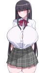  1girl akitokage arms_behind_back black_hair bow bowtie breasts button_gap highres huge_breasts long_hair original plaid plaid_skirt red_bow red_bowtie red_eyes shirt skirt solo tented_shirt thick_thighs thighhighs thighs white_shirt white_thighhighs zettai_ryouiki 