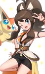  blue_eyes breasts brown_hair curly_hair gonzarez high_ponytail highres hilda_(pokemon) large_breasts long_hair official_alternate_costume one_eye_closed pokemon pokemon_(game) pokemon_bw pokemon_masters_ex sidelocks v victini 